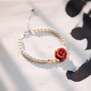 RENSINO 4-5mm Natural Freshwater Pearl Bracelet with Rose Quartz and 925 Sterling Silver