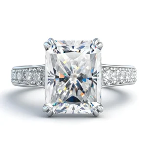 RENSINO 4 Carat 8x10mm Emerald Cut D-Color Moissanite Rhodium Plated S925 Sterling Silver Claw Setting Womens Light Luxury Design Ring