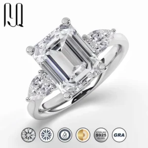 RENSINO 4 Carat Emerald Cut Three-stone Moissanite Ring 925 Sterling Silver Luxury Wedding Band Factory Direct