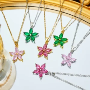 RENSINO 4 Gold Plated Stainless Steel Chain Cubic Zirconia Flower Necklace Delicate Purple Zircon Floral Pendant Necklace
