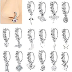 RENSINO 4 Zircon Drill Stainless Steel Jewelry Nose Rings Five Pointed Star Moon Earrings Lip Rings Piercing Jewelry Body Jewelry