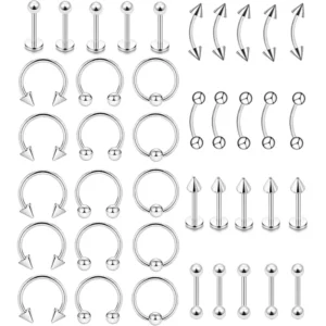 RENSINO 40Pcs 16G Lip Rings 316L Steel Jewelry Labret Monroe Barbell Daith Tragus Helix Piercing Septum Nose Ring Eyebrow Body Jewelry