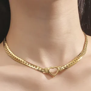 RENSINO 40cm+5cm Choker Pendant Stainless Steel 18k Gold Plated Necklace Snake Chain Heart Necklace for Women