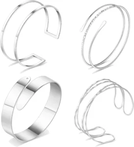 RENSINO 4PCS Silver Women’s Upper Arm Cuff Bangle Band Armlet Adjustable Bracelet Set