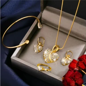 RENSINO 4pcs Luxury Heart Rhinestone Pendant Necklace Bracelet Earring Ring Set for Women Jewelry Party