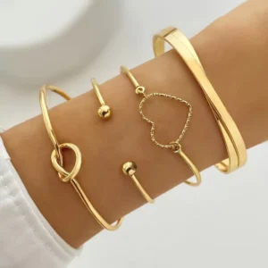 RENSINO 4pcs Set Trendy Women Jewelry Gold Silver Heart Bracelet Lover Love Knot Charm Geometric Bangle Bracelet Set