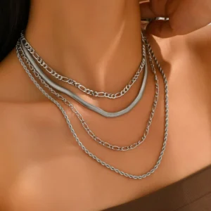 RENSINO 4pcs set Silver Color Iron Alloy Chain Necklace Waterproof Simple Design Flat Blade Snake Chain Women Jewelry Twist Necklaces