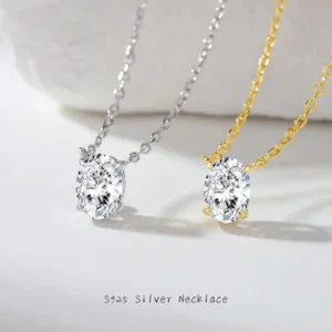 RENSINO 5*7mm Egg shaped Moissanite Pendant Necklace 925 Silver Cross Chain Electroplated