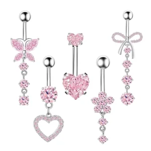 RENSINO 5 Piece Set Navel Button European and American Puncture Heart Butterfly Long Tassel Zircon Navel Nail Stainless Steel Navel Nail