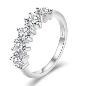 RENSINO 5 Stone Moissanite D VVS Lab Created Women Jewelry 14K White Gold Plated 925 Sterling Silver Wedding Band Ring