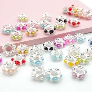 RENSINO 51323 100pcs bag Colorful Flower Pearl Spacer Beads Silver Alloy Big Hole Loose Beads for Bracelet Jewelry Pen Making