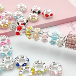 RENSINO 51323 Colorful Flower Pearl Spacer Beads 16mm Silver Alloy Big Hole Loose Beads for Bracelet Jewelry Pen Making