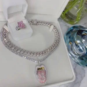 RENSINO 5A Cubic Zirconia CZ Iced Out Bling Women Girl Jewelry Tennis Chain Dollar Lip Pendant Necklace
