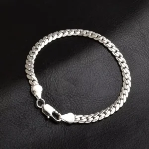 RENSINO 5MM Width Silver Plating Flat Chain Bracelet for Women Men Fashion Jewelry