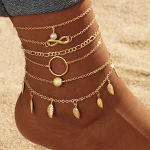 RENSINO 5PCS Boho Women Layer Geometric Gold Chain Leaf Pearl Anklet Jewelry Set Heart Ball Metal Pendant Beach Anklet Foot Bracelets