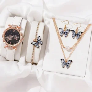 RENSINO 5PCS Jewelry Watch Gift Set Rose Gold Ladies Watch Sets Quartz Geneva Diamond Watch Set for Women