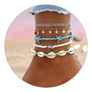 RENSINO 5Pcs Bohemian Anklets for Women Beach Style Silver Link Chain Rice Beads Anklet with Starfish Shell Charm