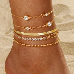 RENSINO 5pcs Set Full Diamond Gold Chain Anklet Jewelry Women Heart Anklet Crystal Anklet Beach Ankle Bracelets Foot Chain Jewelry