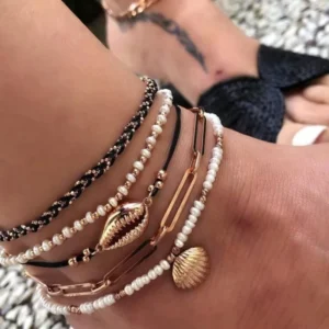 RENSINO 5pcs Set Summer Ocean Beach Foot Chains Bohemia Jewelry Handmade Multi Layer Anklets Beaded Sea Shell Geometric Anklets Women