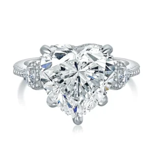 RENSINO 6 Carat 12×12 Heart-Shaped Moissanite Prong Setting Rhodium Plated Women’s S925 Silver Ring