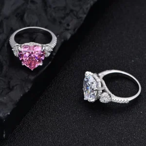 RENSINO 6.0ct Moissanite Heart Cut Diamond Ring 925 Silver Pink Sapphire Promise Rhodium Plated Jewelry for Women