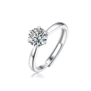RENSINO 6.5mm Cubic Zircon Crystal S925 Sterling Silver Adjustable Wedding Engagement Ring for Women Finger Jewelry