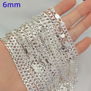 RENSINO 6mm Diamond Cut Curb Link Chain Necklace Sterling Silver 925 Jewelry Men Chain