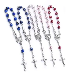 RENSINO 6mm Pearl Rosary Bracelet Silver Plated Crucifix Cross Charm Bracelet Religious Prayer Beaded Rosary Bracelets in Box