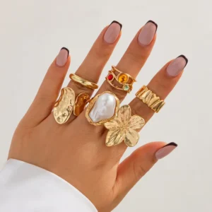 RENSINO 6pcs Set Copper 18K Gold Plated Modern Vintage Gold Irregular Flower Pearls Open Adjustable Ring Sets Bold Chunky Unisex Fashion
