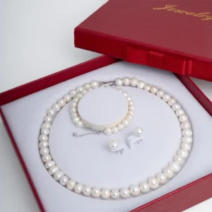 RENSINO 7-8mm Natural Freshwater White Pearl Jewelry Set Beaded Necklace Bracelet Stud Earrings 925 Silver Clasp Gift Box