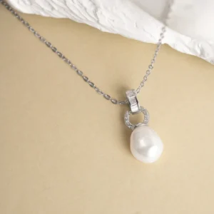RENSINO 7-9mm Natural Freshwater Pearl 925 Sterling Silver Zircon Pendant Necklace