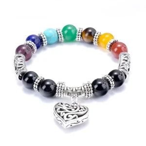 RENSINO 7 Chakra Colorful Agate Stone Healing Bracelet Matte Finish Heart Charm Gemstone Bracelets for Men and Women
