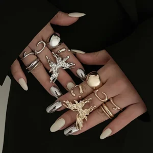 RENSINO 7Pcs Set INS Stackable Smooth Irregular Metal Butterfly Rings for Women Trendy Lady Simple Finger Ring Fashion Jewelry Gift