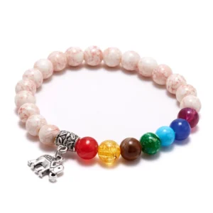 RENSINO 7mm Natural Stone Elephant Silver Turtle 7 Chakra White Turquoise Beads Bracelet Men’s Alloy Jewelry