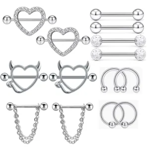 RENSINO 7pairs Diamond Heart Shape Gold Silver Plated Nipple Ring Stainless Steel Nipple Piercing Body Jewelry