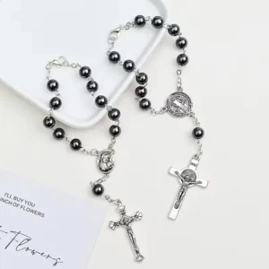 RENSINO 8 mm Hematite Beads Black Series One Decade Car Rosary with Mary Hold Baby Medal & Crucifix Plated in Anti Silver