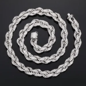 RENSINO 8mm Fully Iced Out Rope Chain Necklace Spring Clasp Link Chain White Gold Hip Hop Unisex 925 Sterling Silver and VVS Moissanite
