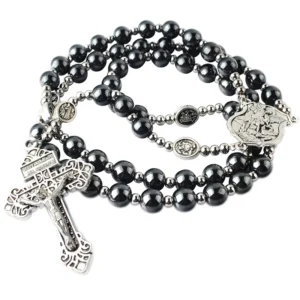 RENSINO 8mm Hematite Rosary Beads with 4mm Stainless Steel Beads & St.Michael Glory Beads Catholic Rosary Necklace with Pardon Crucifix