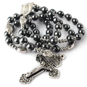 RENSINO 8mm Hematite Rosary Beads with Stainless Steel Beads and Divine Mercy Glory Beads Rosary Necklace with Pardon Crucifix for Men