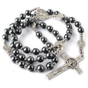 RENSINO 8mm Hematite Rosary Black Stone Beads with 4mm Stainless Steel Beads and St.Benedict Glory Beads Rosary Necklace for Men