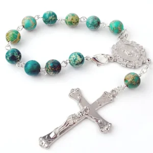 RENSINO 8mm Imperial Stone Beads Catholic Religious Items One Decade Car Rosary with Cross Pendant and Virgin Mary Medal Centerpiece
