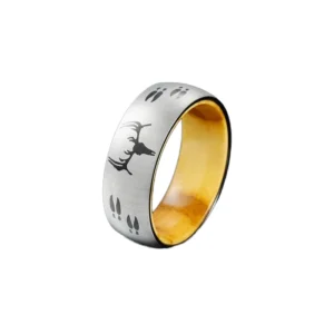 RENSINO 8mm Oliver Wood Liner Silver Stainless Steel Classic Style Ring for Wedding & Anniversary Featuring a Black Deer Design