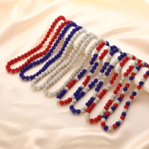 RENSINO 8mm Rhinestone Pollyanna Iced Bling Disco Ball Beaded Bead Baseball Player White Red Blue Rhinestone Bead Necklace