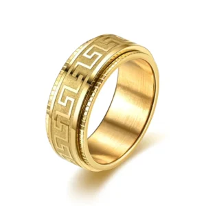 RENSINO 8mm Stainless Steel Great Wall Pattern Rotate Ring Couple Decompression Anti Anxiety Rotating Men’s Patterned Ring