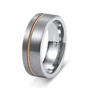 RENSINO 8mm Tungsten Steel Flat Ring Classic Silver Tungsten Guitar String Inlay High Polished Wedding Ring