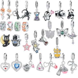 RENSINO 925 S925 Silver Animal Panda Penguin Heart Securing Clip Pendant for Bracelet Necklace Making