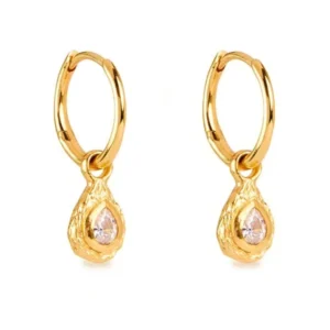 RENSINO 925 Silver 18K Gold Plated Teardrop Shape Bezel Setting Cubic Zirconia Pendant Charm Hoop Earrings