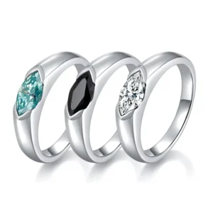 RENSINO 925 Silver Black Moissanite Man Ring 18K White Gold Plated Marquise Cut Blue Moissanite Unique Style Wedding Band