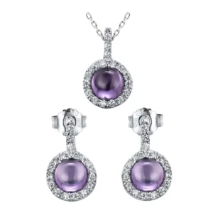 RENSINO 925 Silver Classical Pins Earrings And Pendant Jewelry Set With Amethyst Round and Smooth CZ With Rhodium Plated