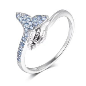RENSINO 925 Silver Conch Mermaid Tail Ring with Blue Zircon Classic Style Wedding and Party Fashion Jewelry for Women Rhodium Plated